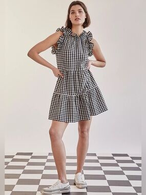 Maeve by Anthropology Black & White Gingham Ruffle-Trim Mini Dress